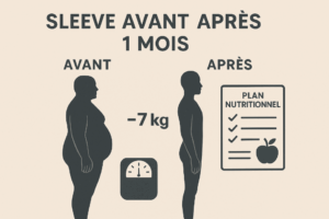 Sleeve avant après 1 mois : silhouette avant et après avec –7 kg et plan nutritionnel post-op